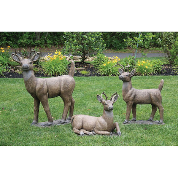 Deer Cast Stone Set of Three Statues Cement Realistic Statuary Sculptures